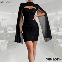 Damen Elegant Schwarz Solid Mini Langarm O-Ausschnitt Atmungsaktiv Regular Fit Party kleid für Bankette und tägliche Versammlungen