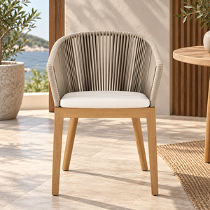 Chaise de jardin scandinave en rotin avec structure en bois et pieds coniques, chaise de repas confortable pour l'extérieur - Product Image 5