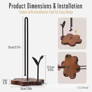 European Style Wooden Paper Towel Holder With Metal <b>Stand</b> Free Standing Kitchen Roll Holder For Paper Towels And Cling Film - Product Image 3
