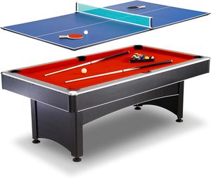 Multijuego de tenis de mesa <span class=keywords><strong>y</strong></span> billar de 7 pies con fieltro rojo <span class=keywords><strong>y</strong></span> superficie de tenis de mesa azul. Incluye tacos, paletas <span class=keywords><strong>y</strong></span> pelotas - Product Image 1