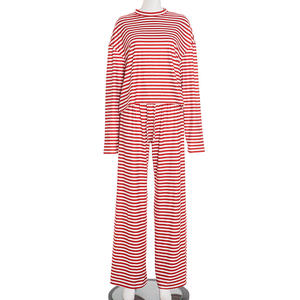 Viviblook Q25ST338 Nouvel ensemble deux pièces pour femme : T-shirt rayé imprimé à col rond et manches longues avec pantalon à cordon de serrage - Product Image 4