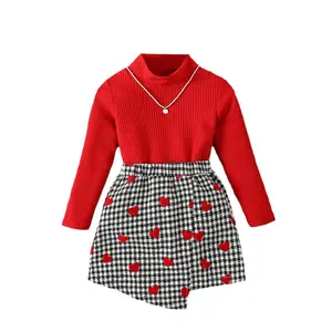 Girl's Set Autumn/Winter New Sweet Knitted Top Short Skirt Set for Girls Two Piece Fashionable Children's Red Sweater