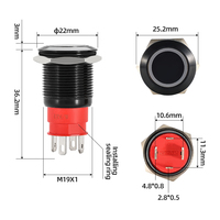 Interrupteur à bouton-poussoir LED momentané à tête plate en aluminium anodisé noir, étanche, 19 mm, 20 A, 12 V, 24 V