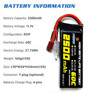 PONFLY 3S <span class=keywords><strong>2500mAh</strong></span> 60C RC araba pil <span class=keywords><strong>11.1V</strong></span> Deans T fiş 2S 7.4V 4S 14.8V yüksek deşarj <span class=keywords><strong>Lipo</strong></span> pil yarış araba tekne modelleri için - Product Image 3