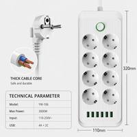Enchufe de Extensión Schuko Europeo de 8 Vías con Logotipo Personalizado al por Mayor, Cable de 2 m, 4 USB, 2 Tipo-C, Carga Rápida, Protector contra Sobretensiones