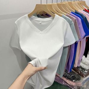 2024 Summer High Quality Tees Customized Logo Cotton Casual Wear Short Sleeve V Neck Solid Shirt for Women - Product Image 2
