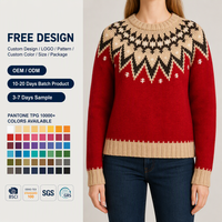 Pull en tricot Fair Isle personnalisé pour femme, col rond, rouge cerise, jaune beige, motif flocon de neige, fabrication OEM ODM