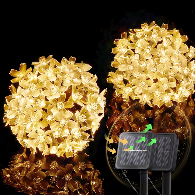 Solar Flower Strings Lights Outdoor Lawn Patio Holiday Sakura Decoration Solar Fairy Lights Cherry Blossoms String Lights