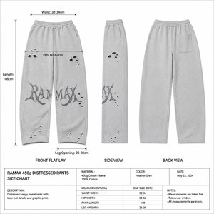 Pantalon de survêtement déchiré pour homme RAMAX, gris chiné, en molleton de coton 450g, coupe ample, style streetwear, avec imprimé graphique découpé au laser - Product Image 4