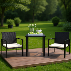 Set da Pranzo da Giardino in Rattan Nero con Cuscini Crema, 2 Posti, Arredamento da Esterno Stile Contemporaneo con Struttura in Metallo - Product Image 2