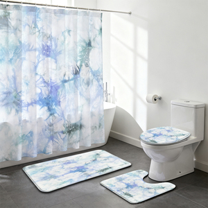 Tenda <span class=keywords><strong>da</strong></span> Doccia Blu Effetto Batik Impermeabile e Antimuffa con Ganci e Set Tappetino Antiscivolo per Casa - Product Image 1