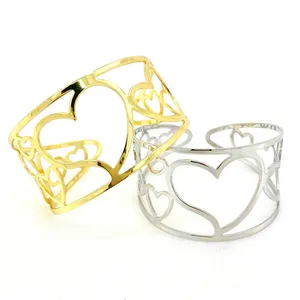 Women Brass Gold Jewelry Adjustable Heart Design Wide Cuff Bangle Bracelet India Styles Jewelry