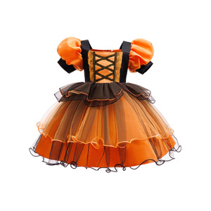 Girls <b>Princess</b> Halloween Costume Witch Dress Puff Sleeve <b>Pumpkin</b> Mesh Dress With Hat And Bag 5-7 Years - Product Image 3