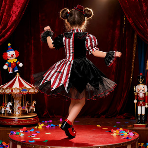 Yi Xiaoyi Disfraz de payaso para niños, traje de circo para niñas, vestido de Halloween con sombrero y mangas a rayas rojas y blancas - Product Image 4