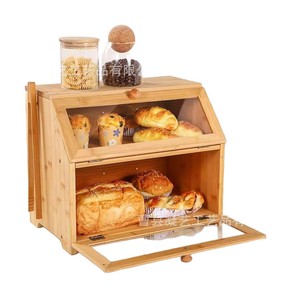 Boîte à pain en bois Ningyi à double couche avec porte en verre, rangement de cuisine pour pain et gâteaux, bois naturel S421 - Product Image 5