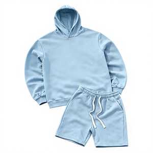 Ensemble sweat à capuche et short bleu clair pour homme, couleur unie, tenue décontractée d'été en molleton tricoté confortable - Product Image 1
