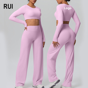 ชุดออกกำลังกายโยคะ RUIQUWIN 2026 สีพื้น เสื้อครอปแขนยาวคอกลมแห้งเร็ว ยืดหยุ่นสูง กางเกงขายาวทรงกว้างสำหรับผู้หญิง - Product Image 1