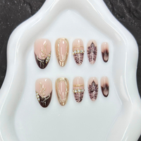 H005-18 Kaixin Grosir Kuku Palsu Pendek Bentuk Almond Warna Nude Pink Coklat French Tip Motif Foil Emas Zebra Print Bunga Mengkilap