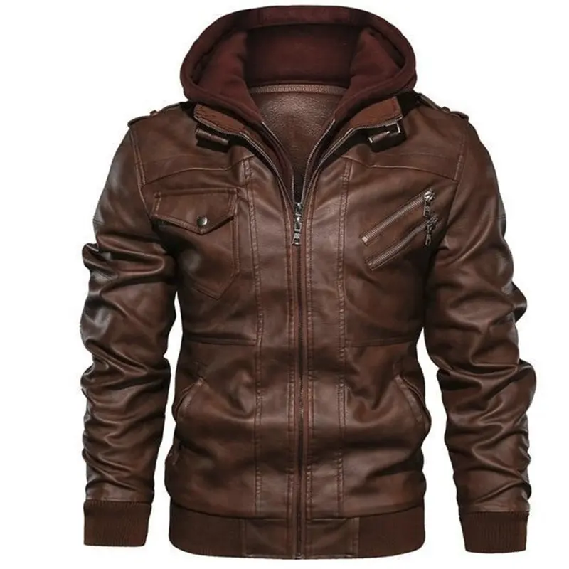 Fashion Biker Leather Hoodie Jacket Standing Collar hoodie Leather Jacket Men Outdoor