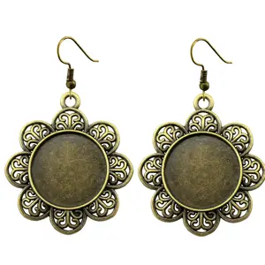 Fit 20mm Round Flower Cameo Cabochon Earring Base Setting Antique Bronze Plated Jewelry Finding Accessories V-K1407-F1061