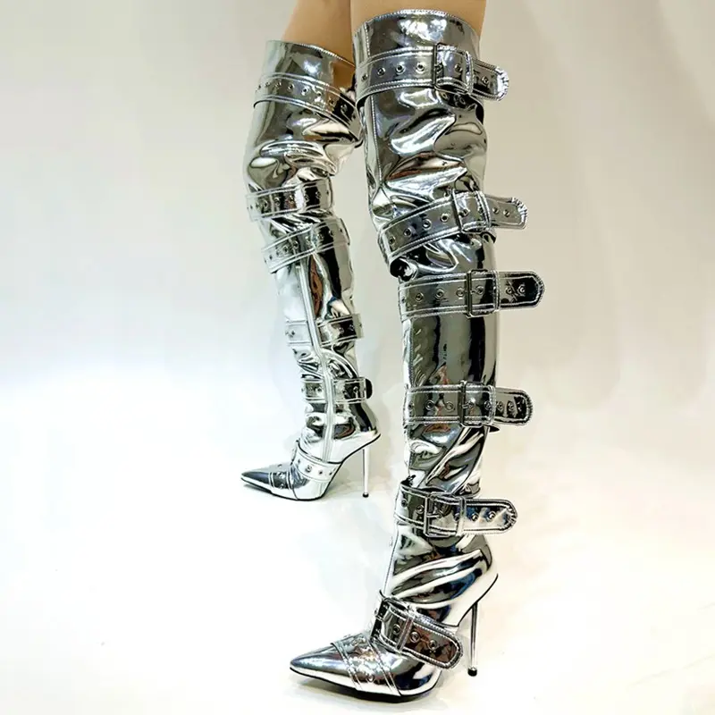 Aimaylen gümüş kemer tokaları kadın uyluk Stiletto Metal yüksek topuklu Denim uzun patik Punk diz üzerinde çizmeler ayakkabı