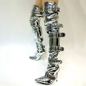 Aimaylen Silver Belt Buckles Mulheres Coxa Stiletto Metal Salto Alto Denim Botas Longas Punk Sobre Joelho Botas Sapatos