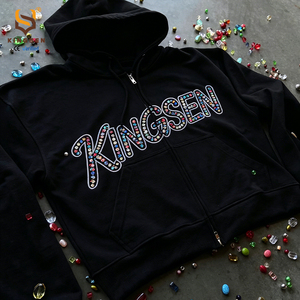 Vente en gros de sweats à capuche pour hommes avec broderie en strass 400G, OEM, streetwear hip-hop, sweat à capuche surdimensionné à fermeture éclair, sweats à capuche personnalisés pour hommes - Product Image 1