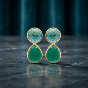 Pendientes de latón hechos a mano con piedras preciosas, cuarzo azul y ónix verde, estilo étnico, unisex, joyería bohemia de moda. - Product Image 3