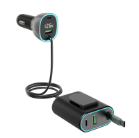 Chargeur de voiture rapide multi-appareils 5 ports PD65W 12-24V avec câble Type-C rétractable 1,5 m, affichage numérique, alliage d'aluminium, fixation par clip