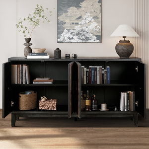 Mid Century Sideboard Buffet Cabinet 60 In Solid Wood Legs 4 Door Convex Diamond Pattern <b>Storage</b> Credenza <b>Kitchen</b> - Product Image 2