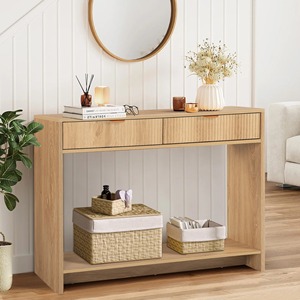 Table console en bois cannelé moderne et minimaliste avec 2 tiroirs cannelés et espace de rangement ouvert pour <span class=keywords><strong>entrée</strong></span> et couloir (vente en gros) - Product Image 1