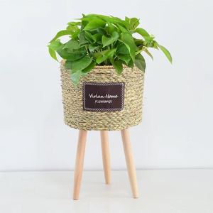 Straw woven flower <b>baskets</b>, woven flower pots with legs, flower stands, living room and balcony decorations, simple European - Product Image 1