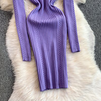 Robe moulante décontractée élégante pour femme à manches longues en maille côtelée, col rond, mi-longue, pour le quotidien
