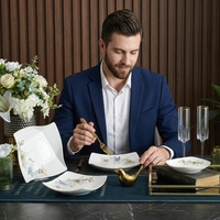 Service de table en porcelaine fine à bord doré de 50 pièces pour mariage et dessert de banquet - Vaisselle de luxe pour la maison et l'hôtellerie