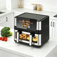 Friteuse à air 4+4L 2000W à commande numérique, double panier, fonctions grill, cuisson et rôtissage, écran LCD, poignée froide et protection contre la surchauffe