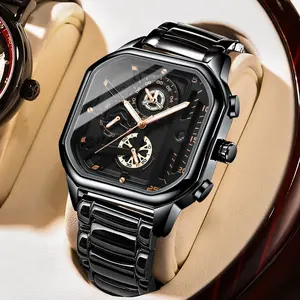 BINBOND Wristwatches पुरुषों के लिए स्टेनलेस स्टील काले वर्ग क्वार्ट्ज पुरुषों की घड़ियों निविड़ अंधकार चमकदार क्रोनोग्रफ़ पुरुष घड़ी