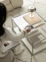 Table basse modulaire en acier inoxydable de style mid-century, avec rangement, style moderne minimaliste, inspirée d'Instagram, table d'appoint en verre