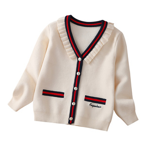 E2WOO, Nuevo Cárdigan de Lana Fina con Cuello en V y Volantes para Niñas, Primavera-Otoño, Manga Larga, Un Solo Botón, 3-12 Años - Product Image 1