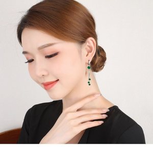 Chinese Style Green Agate Tassel Drop Earrings For Women Zinc Alloy Round Geometric Design ES 080 - Product Image 2