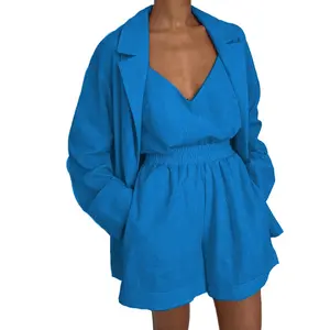 Expédition rapide, vente en gros <span class=keywords><strong>pas</strong></span> chère, blazer bleu royal pour femmes, ensembles de 3 pièces, shorts sexy pour femmes, chemise, chemisier, hauts à col en V, costume pour <span class=keywords><strong>femme</strong></span> - Product Image 1