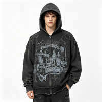 Sweat à capuche zippé noir anthracite vieilli, motif graphique Kornit DTG Statue Craquelée, coupe oversize, style streetwear