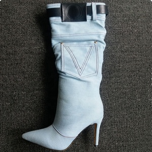2021 New Fancy Half Knee High <b>Boots</b> Fashion Solid Pointed Toe Mid Calf <b>Boots</b> Denim With Belt New Winter Plus Size 47 - Product Image 5