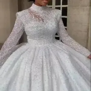 2023 gaun pengantin kerah tinggi mewah sederhana lengan panjang gaun pesta renda Appliqued payet gaun pengantin jubah ukuran besar