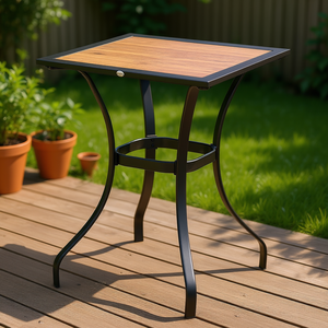 28-Inch Brown Patio Furniture Outdoor Bar <b>Table</b> with Metal Frame and <b>Plastic</b> Wood Grain Effect Square Garden <b>Table</b> - Product Image 2