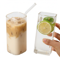 Gobelet à smoothie et jus carré personnalisé de 400 ml en verre borosilicate, avec paille et couvercle en bambou, portable, compatible lave-vaisselle, design moderne, pour boissons glacées