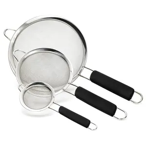Kitchen Food Fine Mesh Strainer Sieve Set Of 3pcs Stainless Steel Flour Sifter Colander With Handle