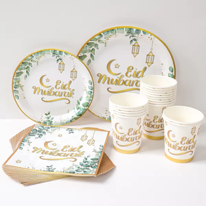 TwinBlaze Eid Mubarak Set Peralatan Makan Sekali Pakai 40-Piece, Piring Kertas Ramadan, Gelas, Serbet, Dekorasi Meja untuk Pesta - Product Image 1