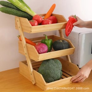 Three Tier Bamboo <b>Vegetable</b> Rack Desktop Storage Organizer For Kitchen Countertop Multifunctional With Drainage Design - Product Image 1