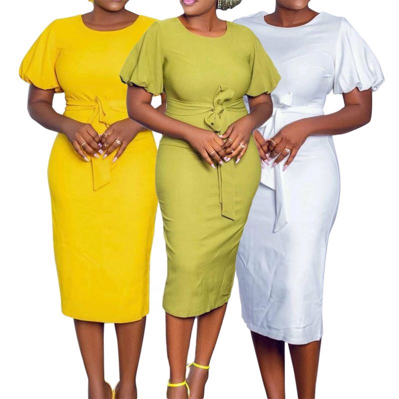 Женское платье с пышными рукавами, однотонное повседневное офисное платье с завышенной талией, лето 2022