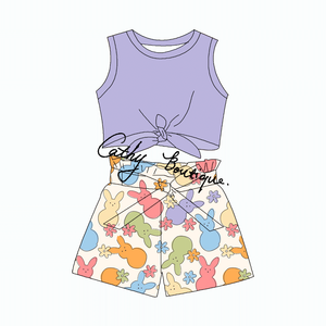 Ensemble 2 pièces d'été personnalisable pour enfants : haut court à nouer en tissu tricoté respirant style vintage et short - Product Image 4